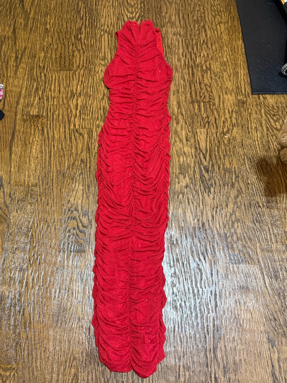 Rachel Ruched Rhinestone Maxi Dress in Red - Picture 5 of 8